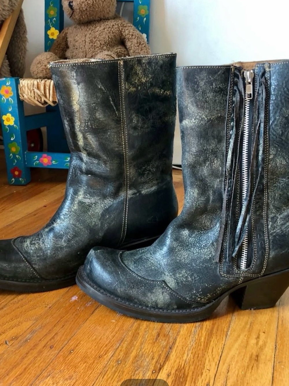 John Fluevog Black Distressed Leather Mid-Calf Boots with Side Zip